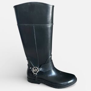 Michael Kors Fulton Black Harness Rubber Rain Boots Women’s 10 Silver Logo